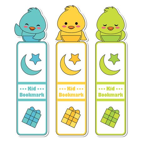 Vector cartoon illustration with cute colorful chicks, stars, moon and gifts.のイラスト素材