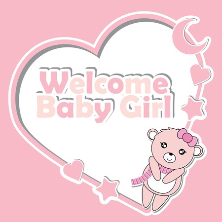 A Vector cartoon illustration with cute baby bear girl on love frame suitable for Baby shower invitation card design, postcard and wallpaperのイラスト素材