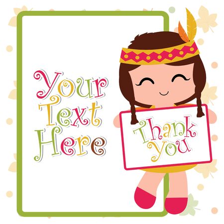 Thanksgiving greeting card template with cute Indian girl holding a white board.のイラスト素材