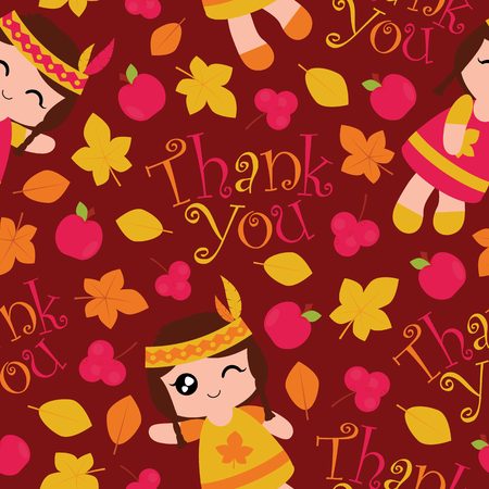 Seamless pattern with cute Indian girls, apples and maple leaves on red background vector cartoon suitable for thanksgiving wallpaper design, scrap paper and kid fabric clothes backgroundのイラスト素材