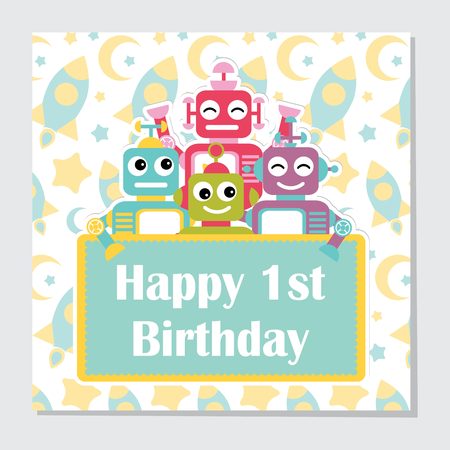 Vector cartoon illustration with cute robots on rocket background suitable for birthday invitation card design, backdrop and wallpaperのイラスト素材