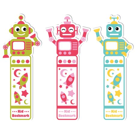 A Vector cartoon illustration with cute colorful robots, rocket and stars suitable for kid bookmark label design, bookmark tag and sticker setのイラスト素材