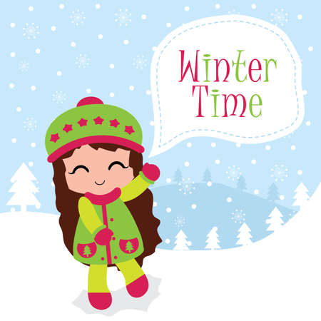 Winter time greeting card design vector with cute girlのイラスト素材