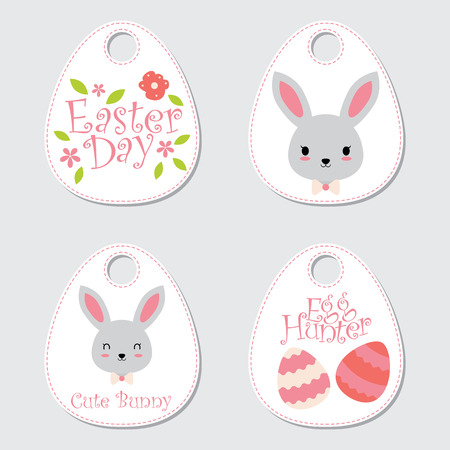 Vector cartoon illustration with cute bunny, eggs, and flowers suitable for happy Easter gift tag set design, thanks tag, and sticker setのイラスト素材