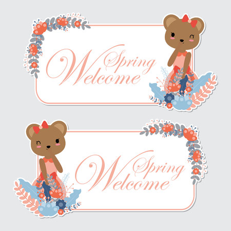 Vector cartoon illustration with cute bear girl and flower border suitable for Sprig label design, banner set and invitation cardのイラスト素材