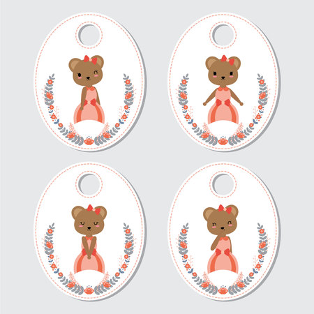 Vector cartoon illustration with cute bear and flower wreath suitable for happy Spring gift tag set design, thanks tag, and sticker setのイラスト素材