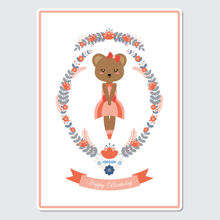 Vector cartoon illustration with cute bear girl on flower wreath suitable for Birthday card design, Invitation card, and greeting cardのイラスト素材