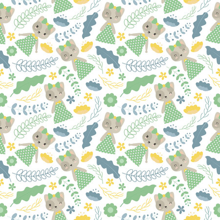 Seamless pattern with cute cat and flowers vector cartoon suitable for wallpaper design, scrap paper and kid fabric clothesのイラスト素材