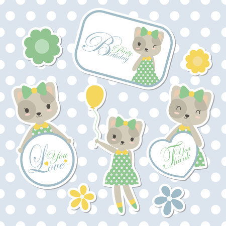 Vector cartoon illustration with cute cat suitable for kid sticker set design and gift tagのイラスト素材
