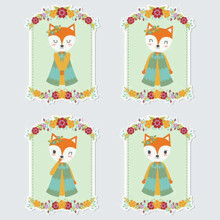 Vector cartoon illustration with cute foxes on flower frames suitable for gift tag set design, thanks tag, and sticker setのイラスト素材