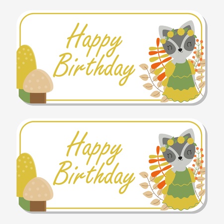 Vector cartoon illustration with cute raccoon smiles with musrooms and flowers suitable for birthday label design, banner set and invitation cardのイラスト素材