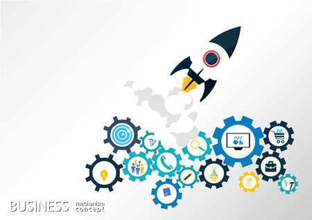 Business startup mechanism concept Abstract background with connected gears icons for strategy. Vector infographic illustrationのイラスト素材