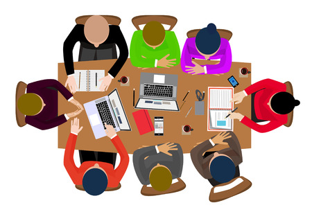Flat design style office workers business management meeting on the round table in top view vector illustrationのイラスト素材
