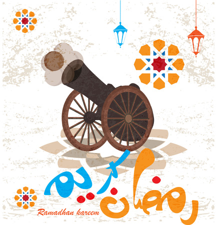 Ramadan Kareem greeting card arabic template calligraphy with cannon islamic banner background designのイラスト素材