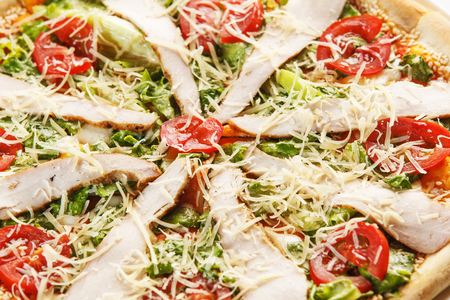 pizza with bacon, herbs and tomatoes in a white rectangular plate on an isolated white background closeupの写真素材