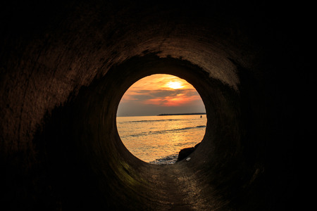 sea view from the round windowの写真素材