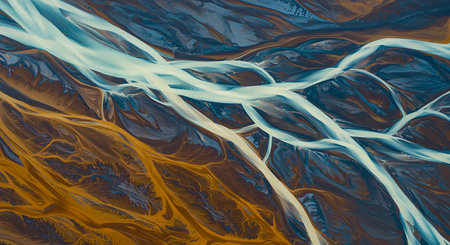 Discover breathtaking aerial perspectives of braided river deltas, where vibrant earth tones meet icy blue water. This abstract natural pattern evokes a sense of wonder and the raw beauty of our planet.の素材