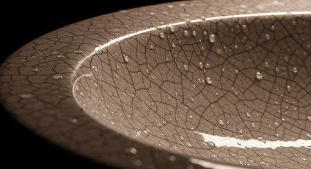 Captivating macro view of a cracked ceramic surface adorned with sparkling water droplets, offering a sophisticated and serene aesthetic for modern designs.の素材