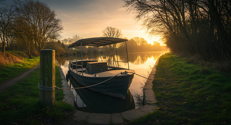 Experience serene tranquility as a lone boat rests on calm canal waters, kissed by a warm, golden sunrise, creating a breathtaking misty landscape.の素材