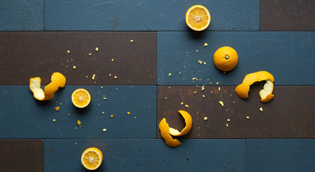 Bright citrus elements artfully arranged on a cool, textured surface, perfect for conveying freshness, culinary inspiration, and vibrant zest.の素材