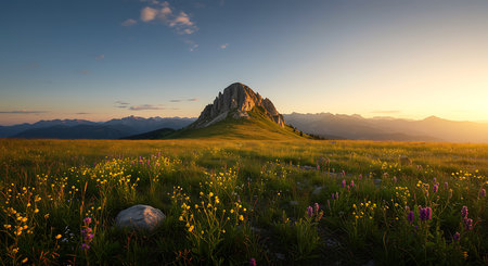 Experience breathtaking beauty as golden hour bathes a wildflower meadow and majestic mountain peak in warm, serene light, perfect for evoking tranquility and wanderlust.の素材