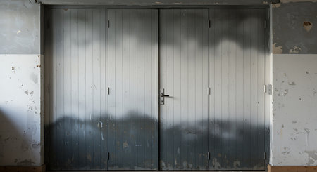 Unveil the secrets held within these striking, aged double doors, perfect for projects needing a touch of industrial grit or untold stories.の素材