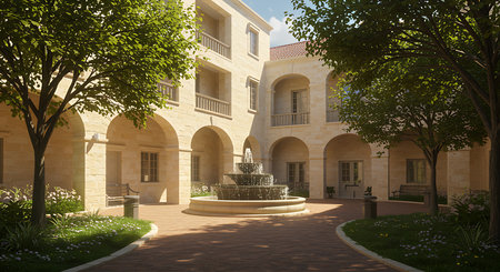 Experience peaceful courtyards with cascading fountains and timeless architecture, ideal for conveying luxury, tranquility, and refined living.の素材