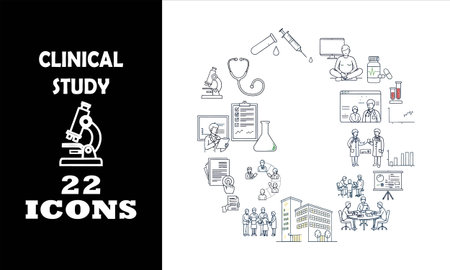 Inspire progress with dynamic clinical study icons depicting teamwork, scientific breakthroughs, and patient care, perfect for healthcare and research presentations.のイラスト素材