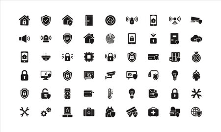 Comprehensive collection of modern icons representing security, protection, and digital safety for smart homes and businesses, offering peace of mind.のイラスト素材