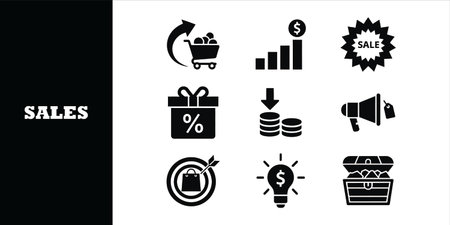 Unlock revenue potential with this versatile sales icon set, perfect for visualizing growth, discounts, and successful marketing strategies. Drive engagement!のイラスト素材