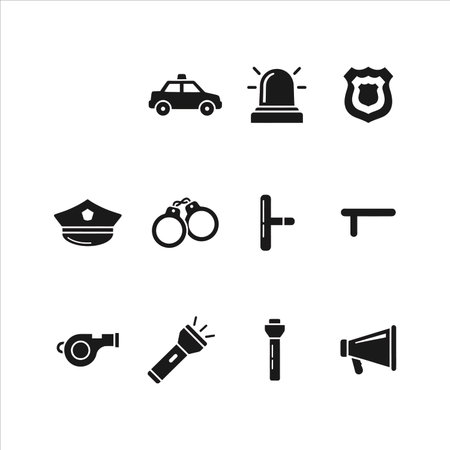 A collection of professional police icons representing law enforcement tools and symbols, perfect for security concepts and legal services.のイラスト素材