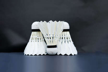 A set of white badminton feather shuttlecock in a row on black background.