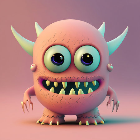 Funny cartoon monster with big teeth. 3d render illustration.の素材