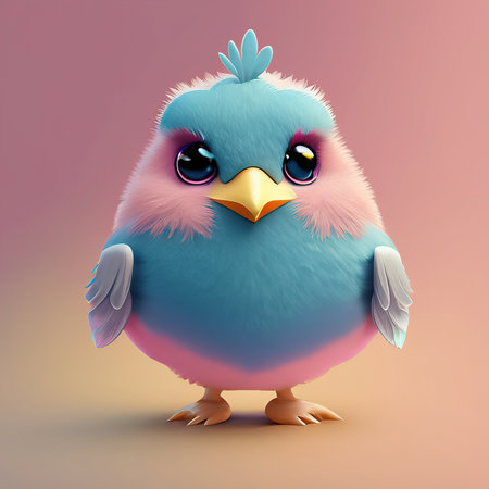 Cute little blue bird with big eyes on a pink background.の素材