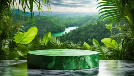 Product presentation with a wooden podium set with tropical forest in the backgroundの素材