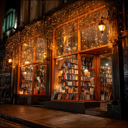Night view of a book shop in London, UK.の素材