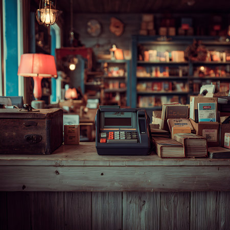 Retro styled image of a cash register on a wooden shelf in a book storeの素材
