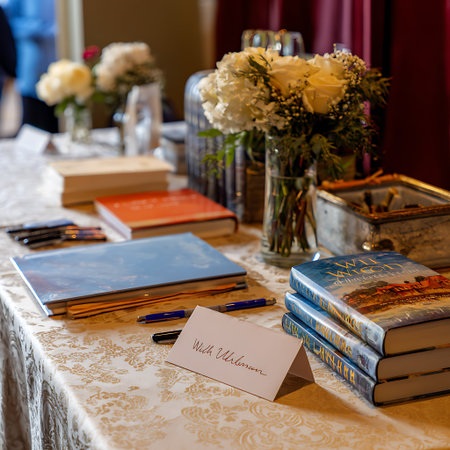 Wedding table with books and bouquet of flowers. Wedding conceptの素材