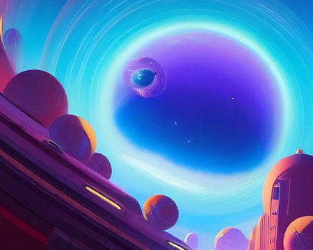 Space scene with planets and stars, 3d render, computer digital illustrationの素材