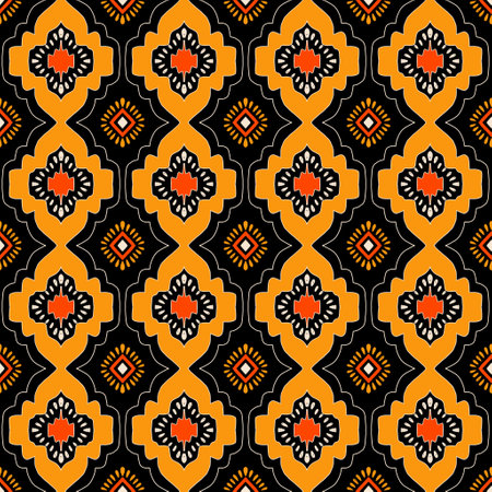 Seamless illustrated pattern made of abstract elements in black and orangeの写真素材