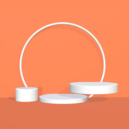 White round podiums on orange background. 3d render illustration.の写真素材