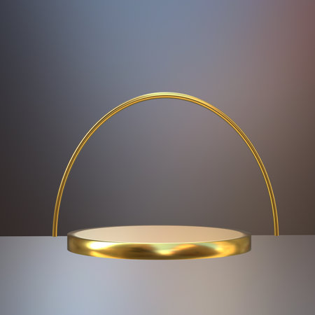 3d render of golden round podium for product display. Abstract background.の写真素材