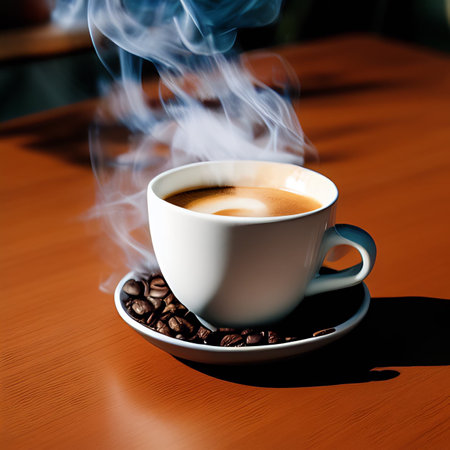 Coffee cup and coffee beans on wooden table. Coffee timeの素材