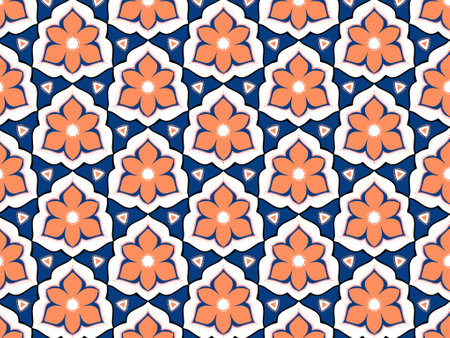 Seamless vector pattern with abstract flowers in blue and orange colors