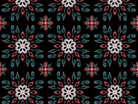Seamless pattern with decorative flowers on black background. Vector illustration.