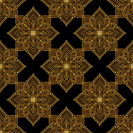 Seamless pattern of golden mandalas on black background.
