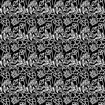 Seamless floral pattern with flowers and leaves. Black and white background.の写真素材