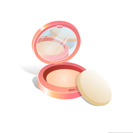 Vector pink face Cosmetic Makeup Powder Case with Mirror and Applicator side View Isolated on White Backgroundのイラスト素材