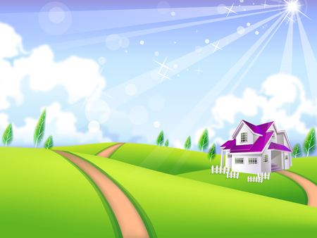 Nature landscape with houses trees and cloudsのイラスト素材
