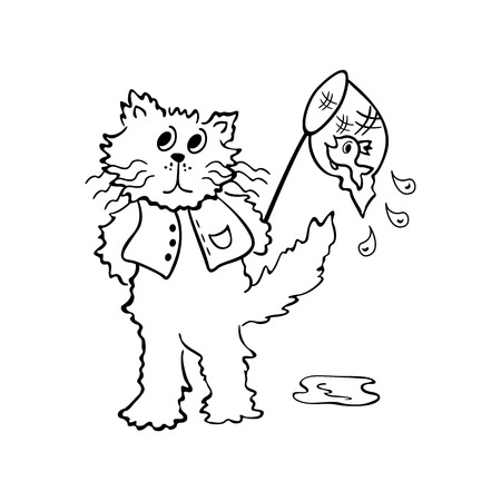 cats looking for fish. outlined cartoon drawing sketch illustration vector.のイラスト素材